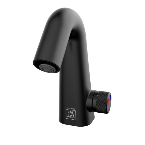 Minimalistyczna bateria łazienkowa bezdotykowa w kolorze czarnym