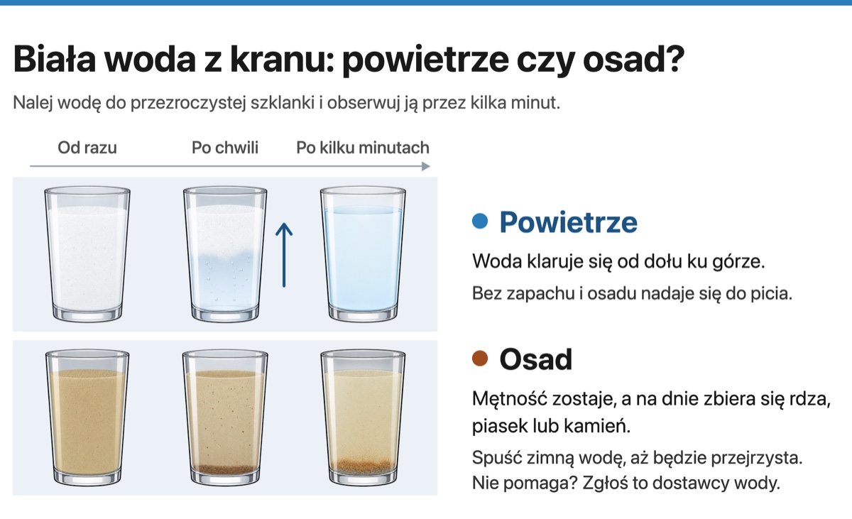 Test w szklance: woda z powietrzem klaruje się od dołu, a woda z osadem zostaje mętna.