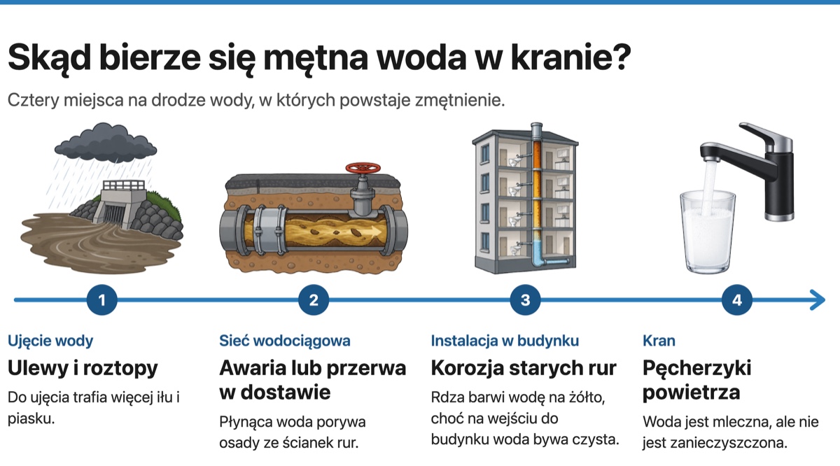 Cztery przyczyny mętnej wody w kranie: ulewy w ujęciu, awaria sieci, korozja rur w budynku i powietrze.
